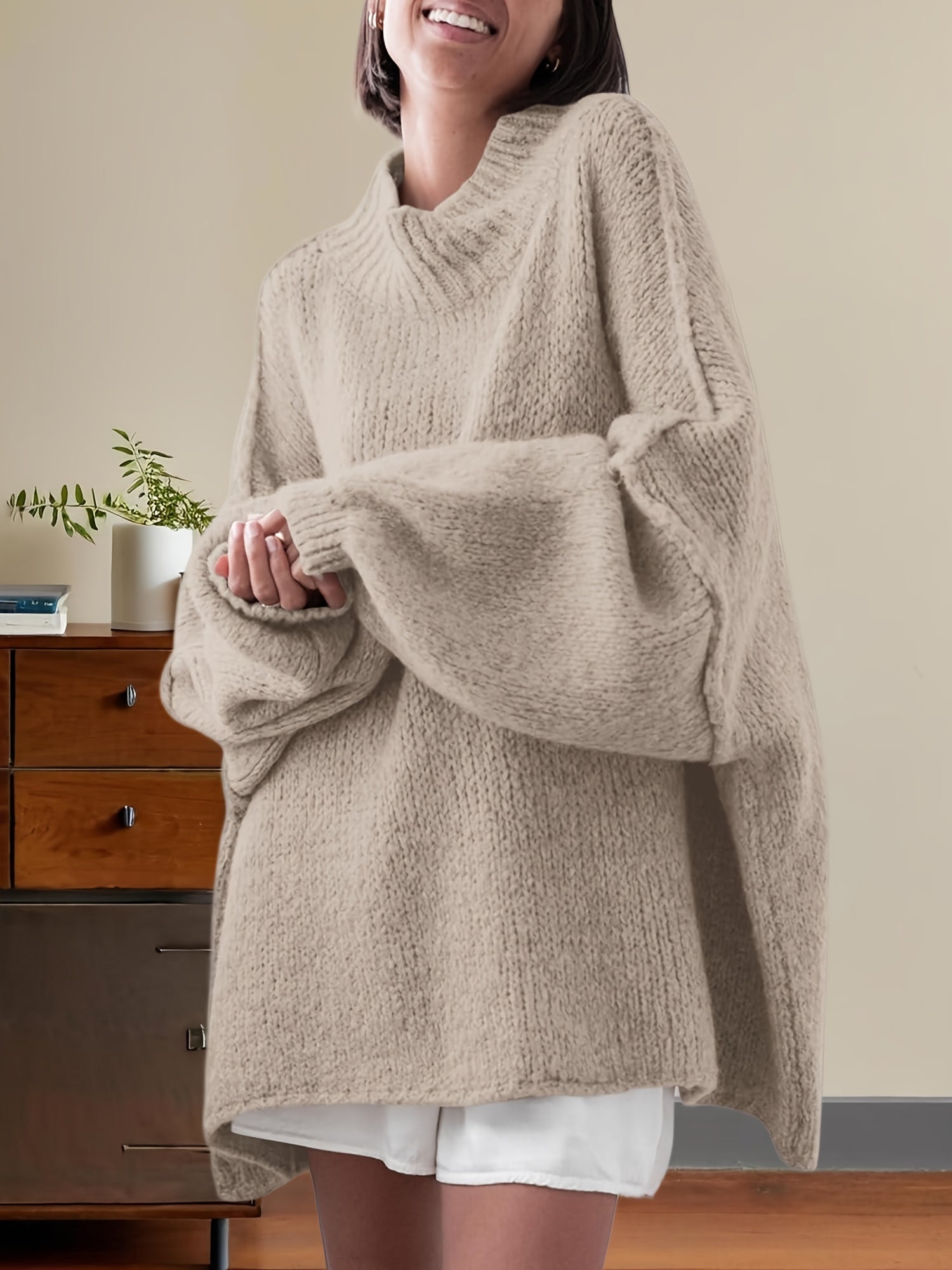 Women'S Oversized Batwing Sweater - Soft Stretchy Ribbed Tunic with Mock Neck & Asymmetrical Hem