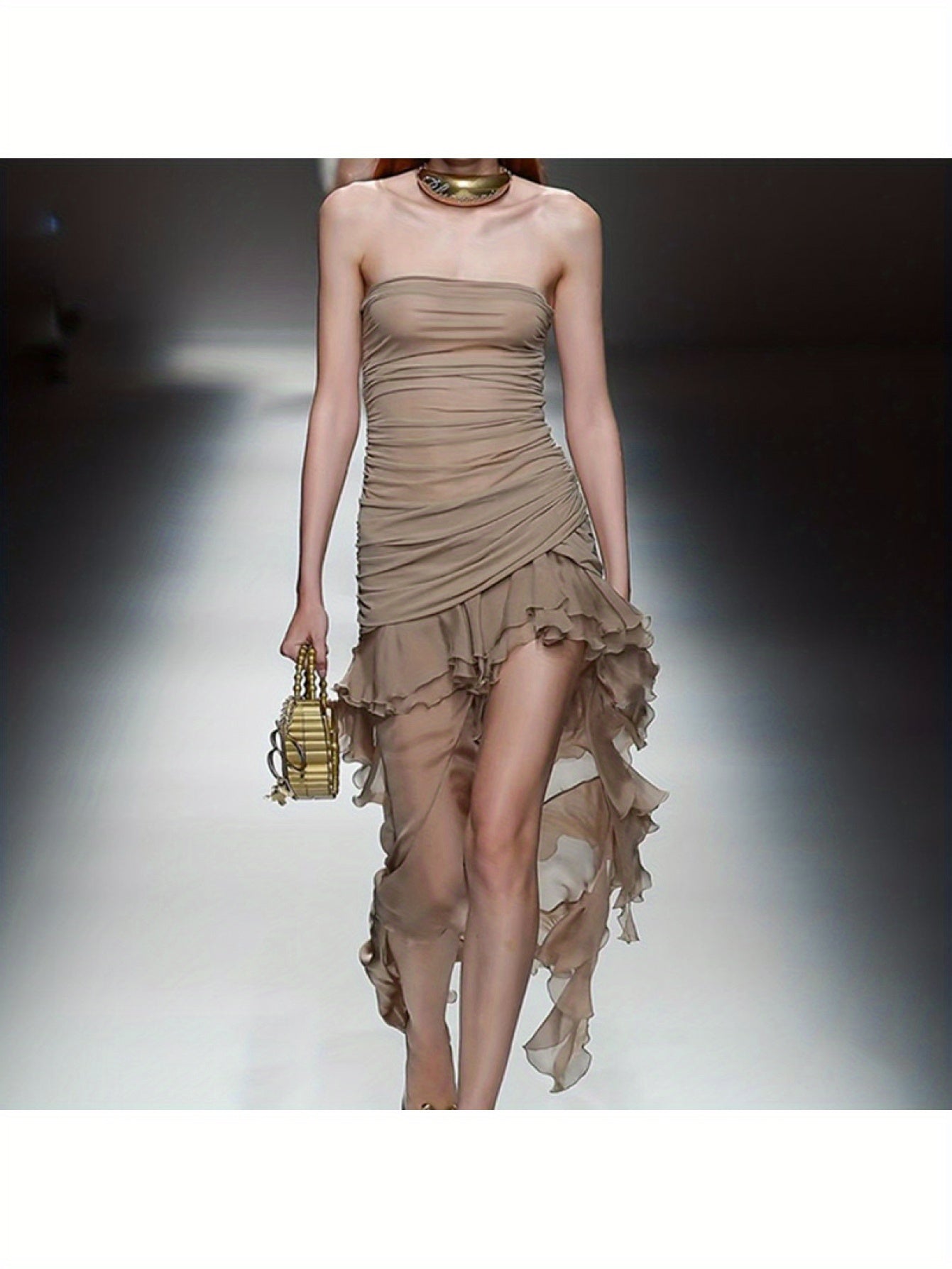 Sexy Mesh Bohemian Style Dress with Asymmetrical Hem And Irregular Pleated Strapless Skirt for Women