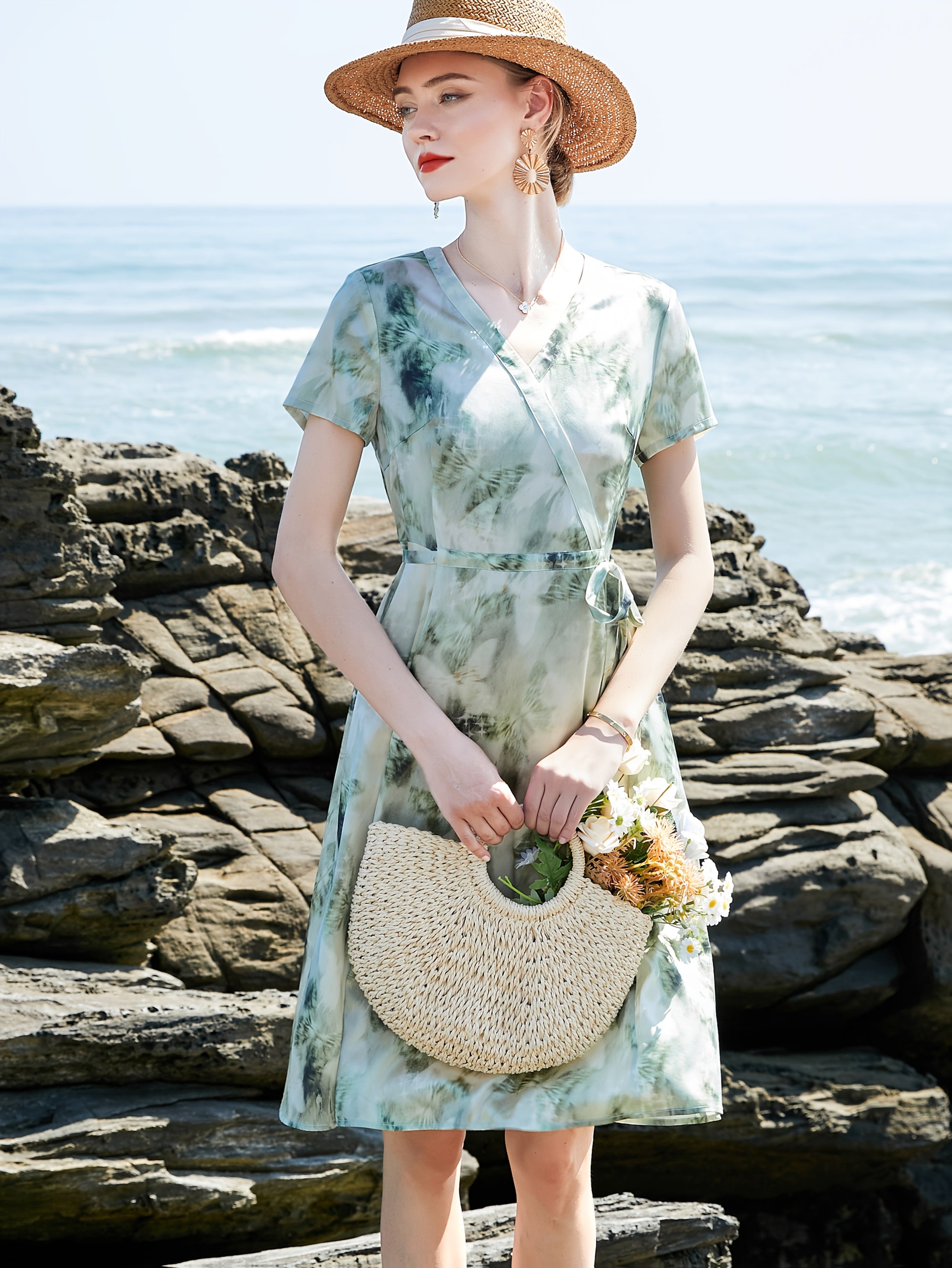 Mother's Day Gift Women's Elegant Floral Print - Breathable Formal & Casual Dresses With Adjustable Waist Tie