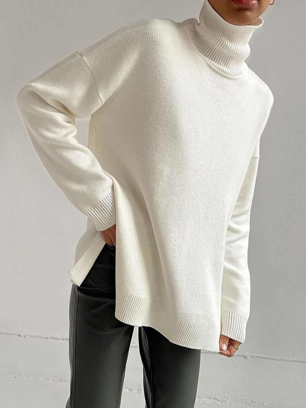 Women's Elegant High Neck Turtleneck Sweater - Oversized Loose Fit Long Sleeve Sweater with White Piping Trim