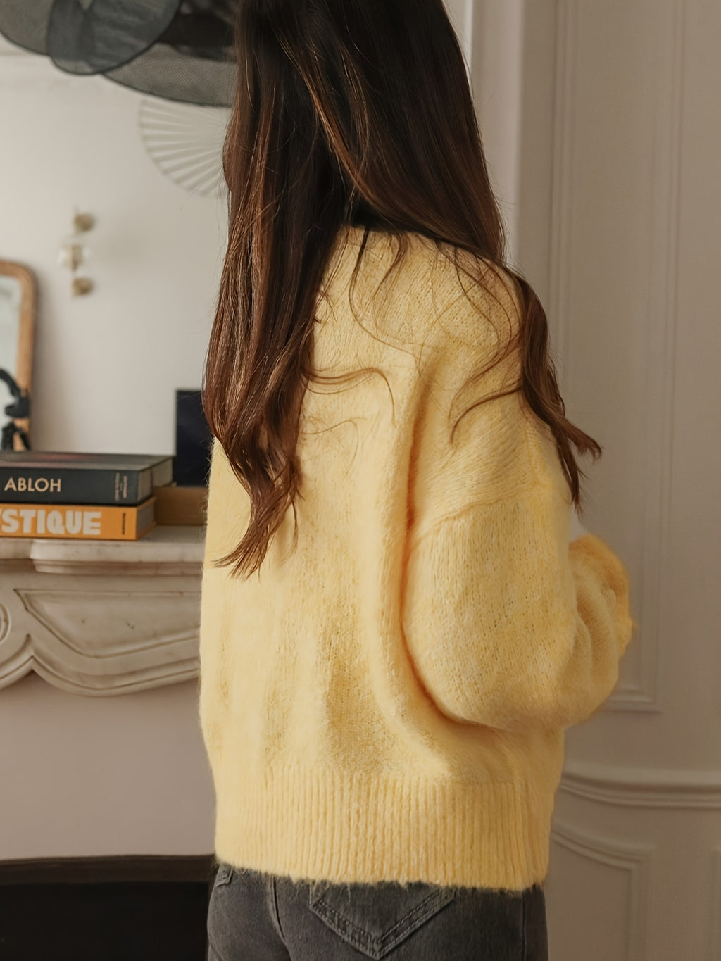 New Autumn\u002FWinter Elegant Sweater Pullover with Cute Ruffle Sleeves, Solid Color