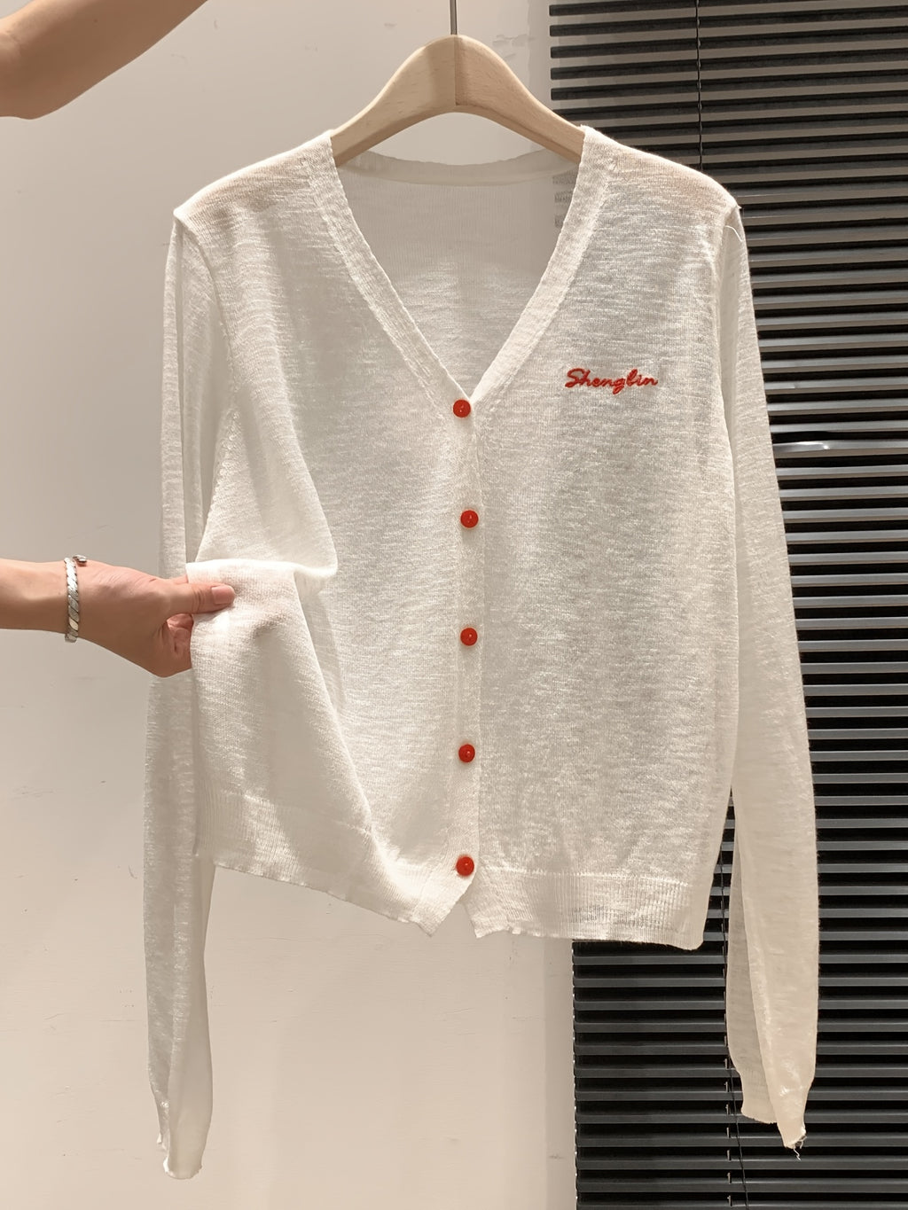 Letter Embroidered V-Neck Breathable Coverup Hair Needle Long Sleeve Women's Cardigan Summer Button Design Versatile Sheer Top
