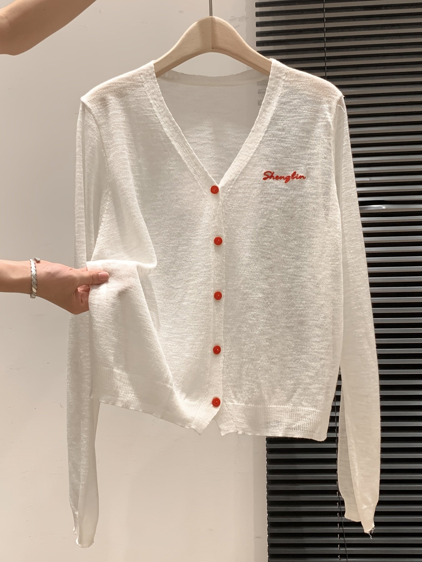 Letter Embroidered V-Neck Breathable Coverup Hair Needle Long Sleeve Women's Cardigan Summer Button Design Versatile Sheer Top