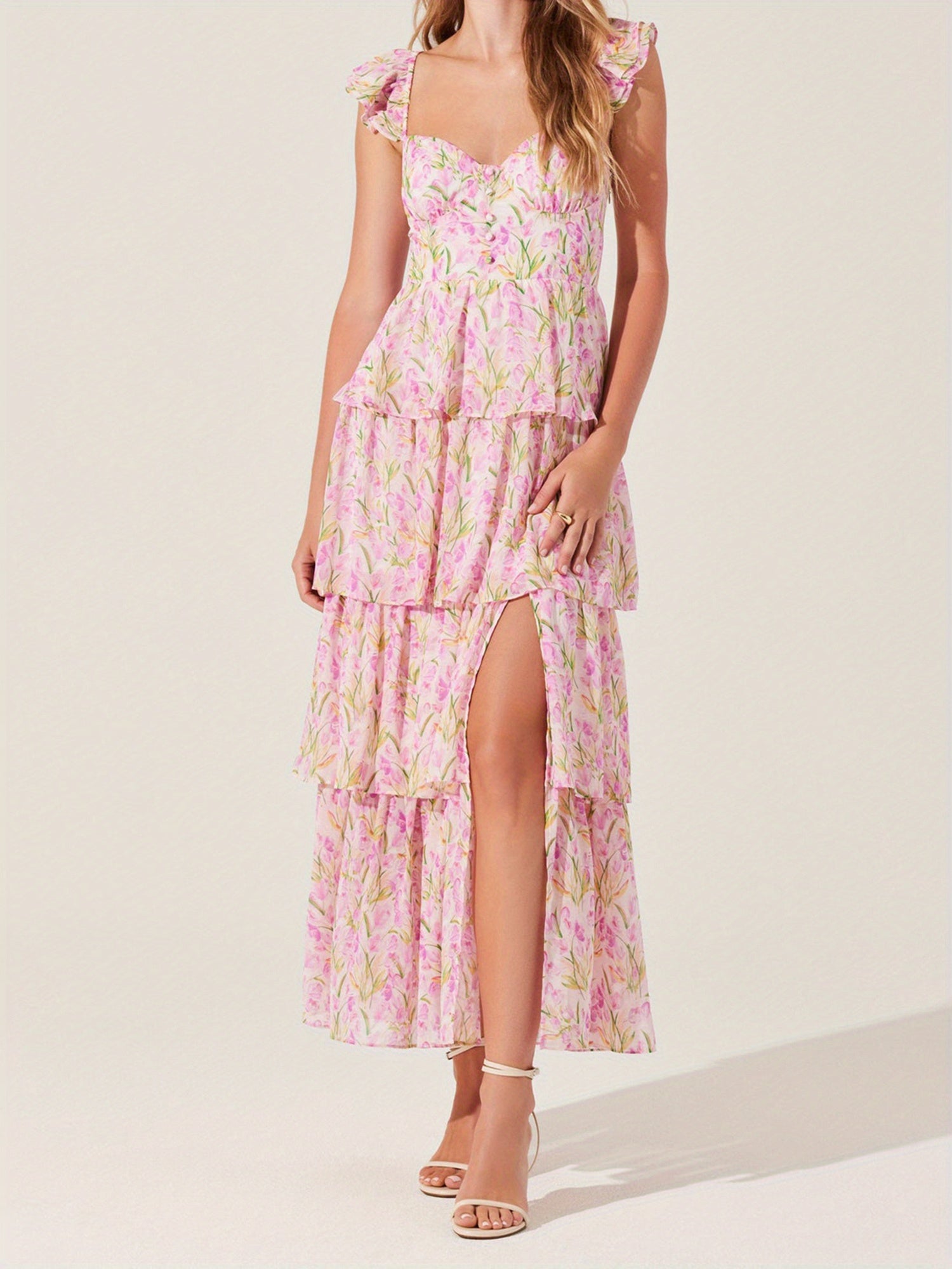 Women'S Floral Dress Stylish Multi-Layered Ruffles Split Cap Sleeve Long A-Line Dress for Spring Summer