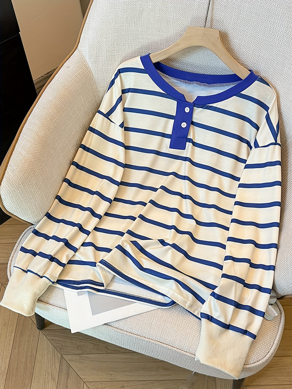 Women'S Casual Blue & White Striped Long Sleeve Top with Ruffled Hem - Lightweight Polyester