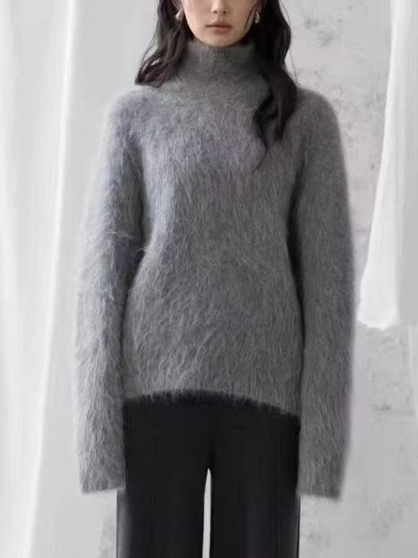 Women'S Elegant Faux Mink High Neck Sweater - Soft Thick Winter Sweater with Ribbed Collar & Long Sleeves