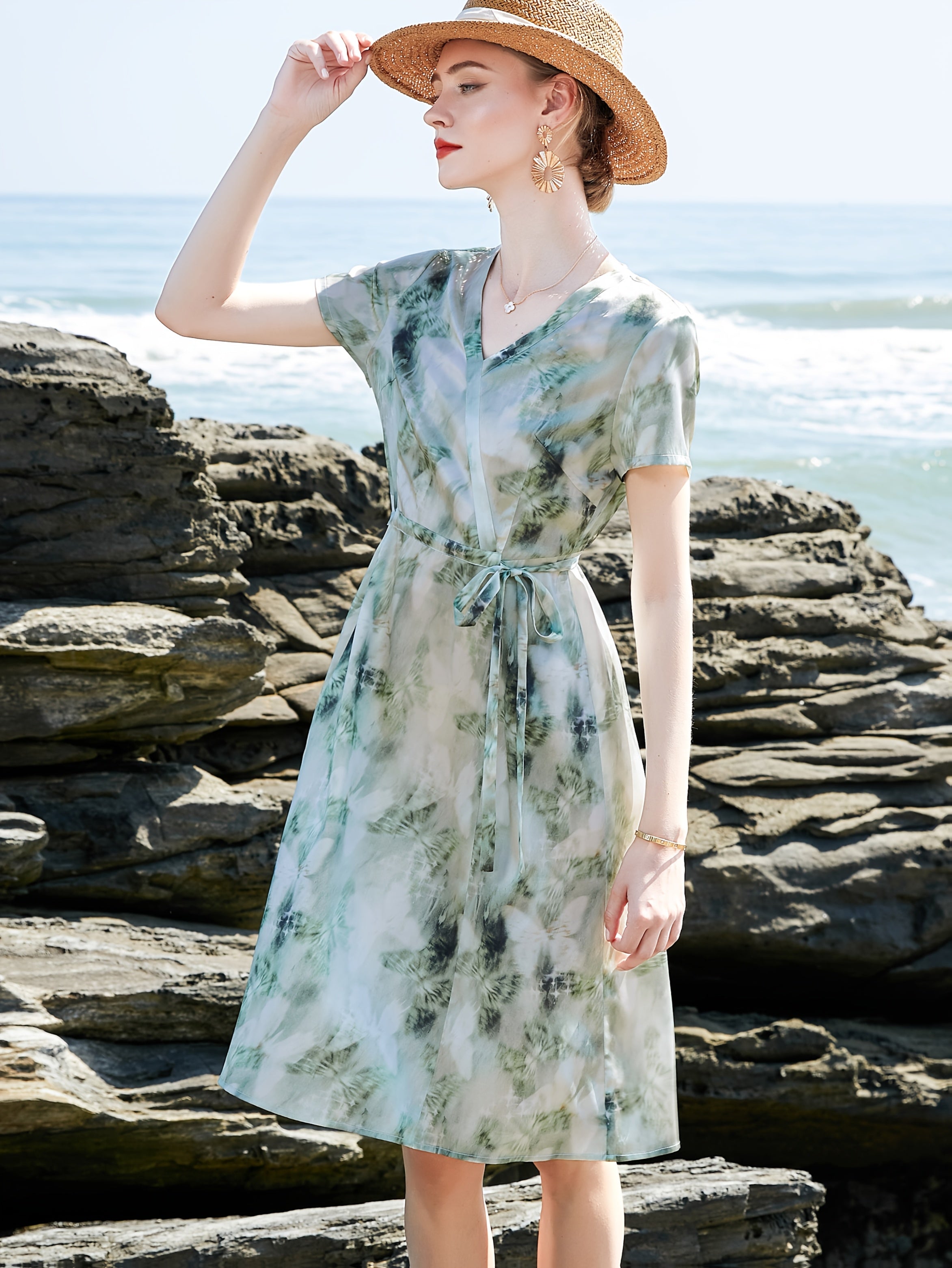 Mother's Day Gift Women's Elegant Floral Print - Breathable Formal & Casual Dresses With Adjustable Waist Tie