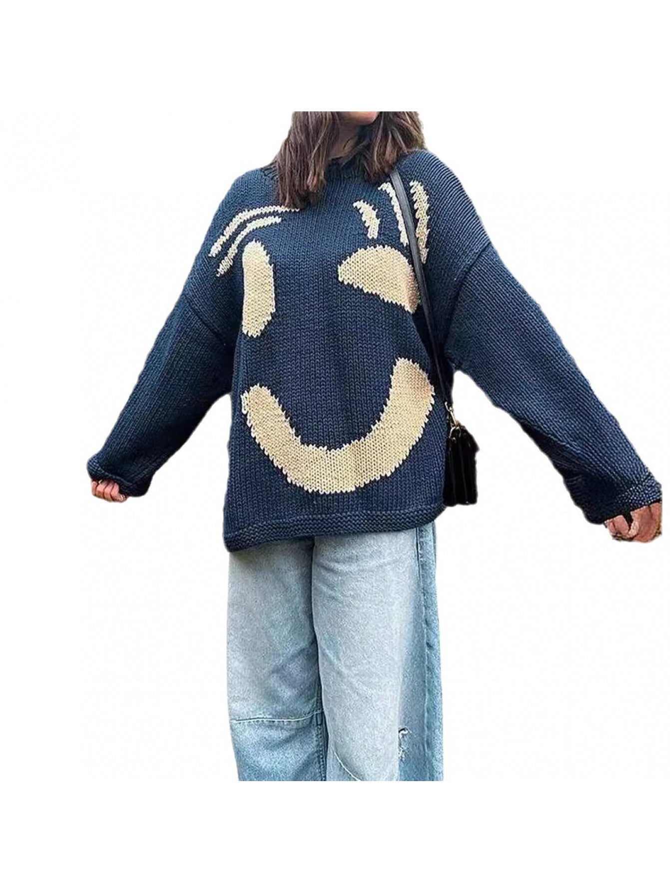 Women's 2025 New Style Smiling Face & joyful Contrast Color Block Sweater - Turquoise Blue & Mustard-Yellow joyful Design