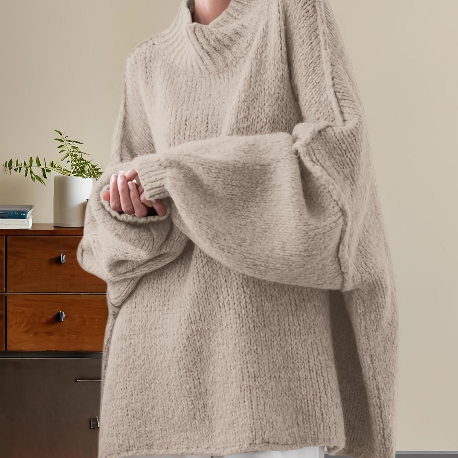 Women'S Oversized Batwing Sweater - Soft Stretchy Ribbed Tunic with Mock Neck & Asymmetrical Hem