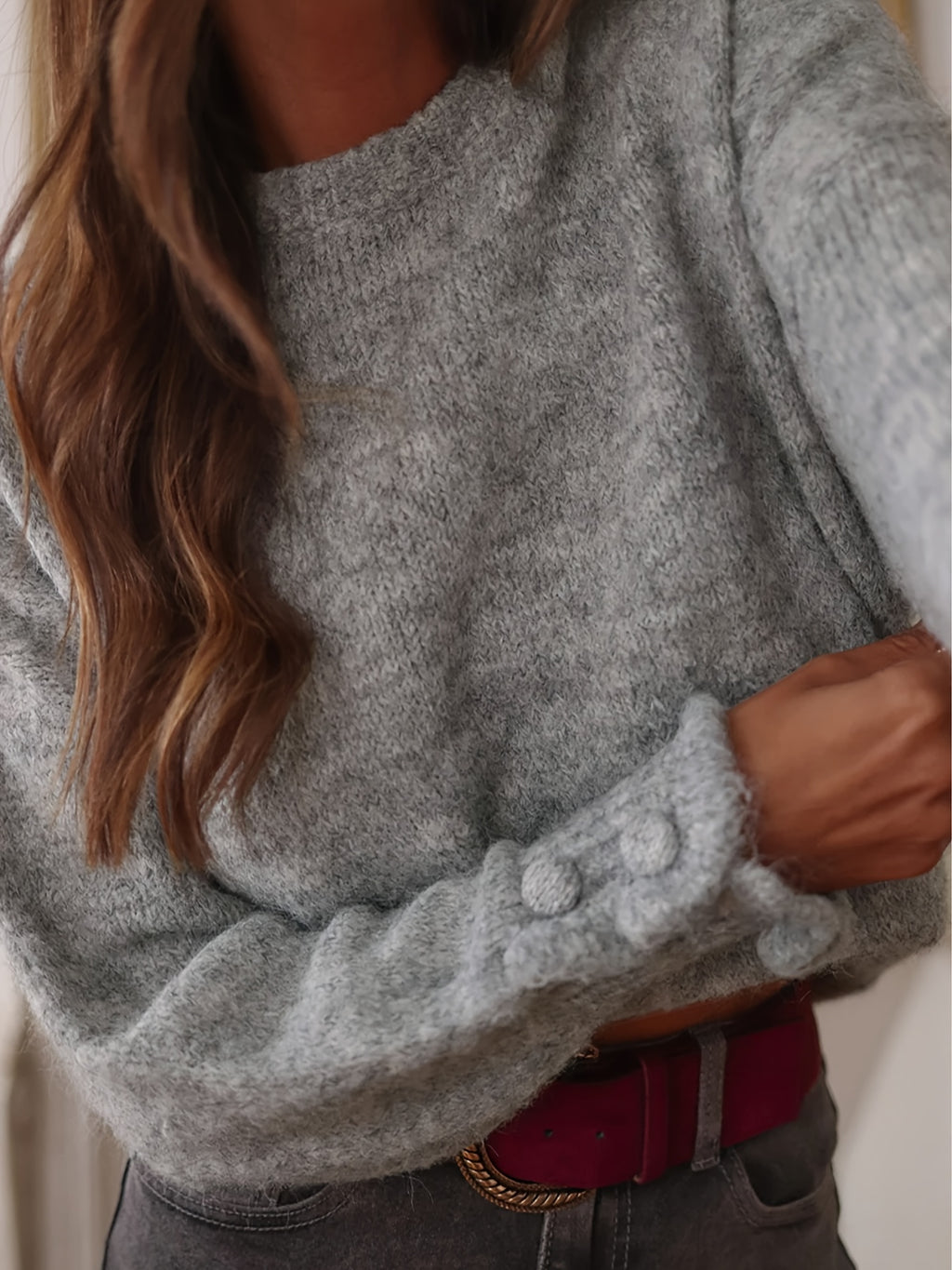 New Autumn\u002FWinter Elegant Sweater Pullover with Cute Ruffle Sleeves, Solid Color