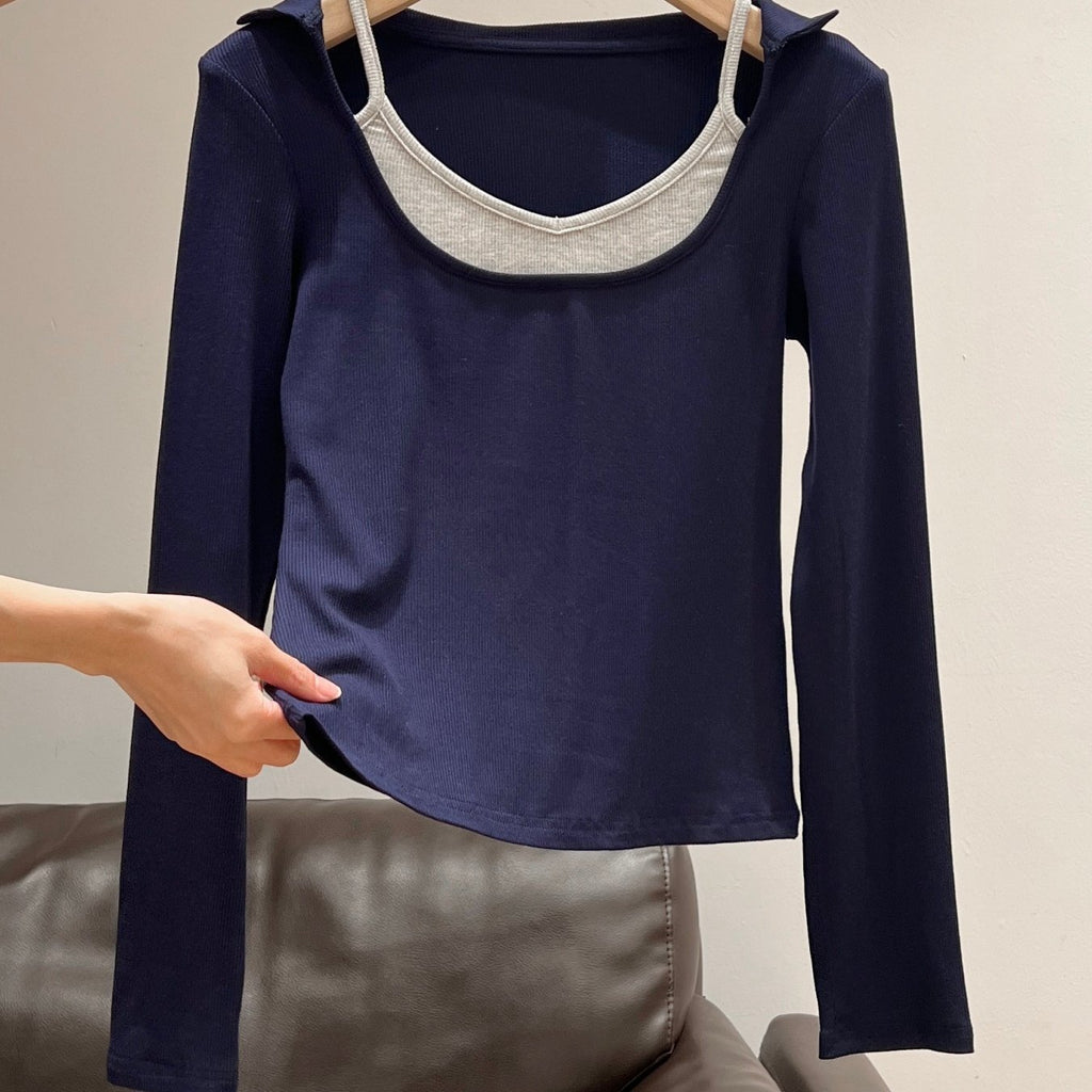 Women'S Elegant Two-Tone Long Sleeve T-Shirt - Navy Blue & White Contrast Collar Design