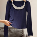 Women'S Elegant Two-Tone Long Sleeve T-Shirt - Navy Blue & White Contrast Collar Design