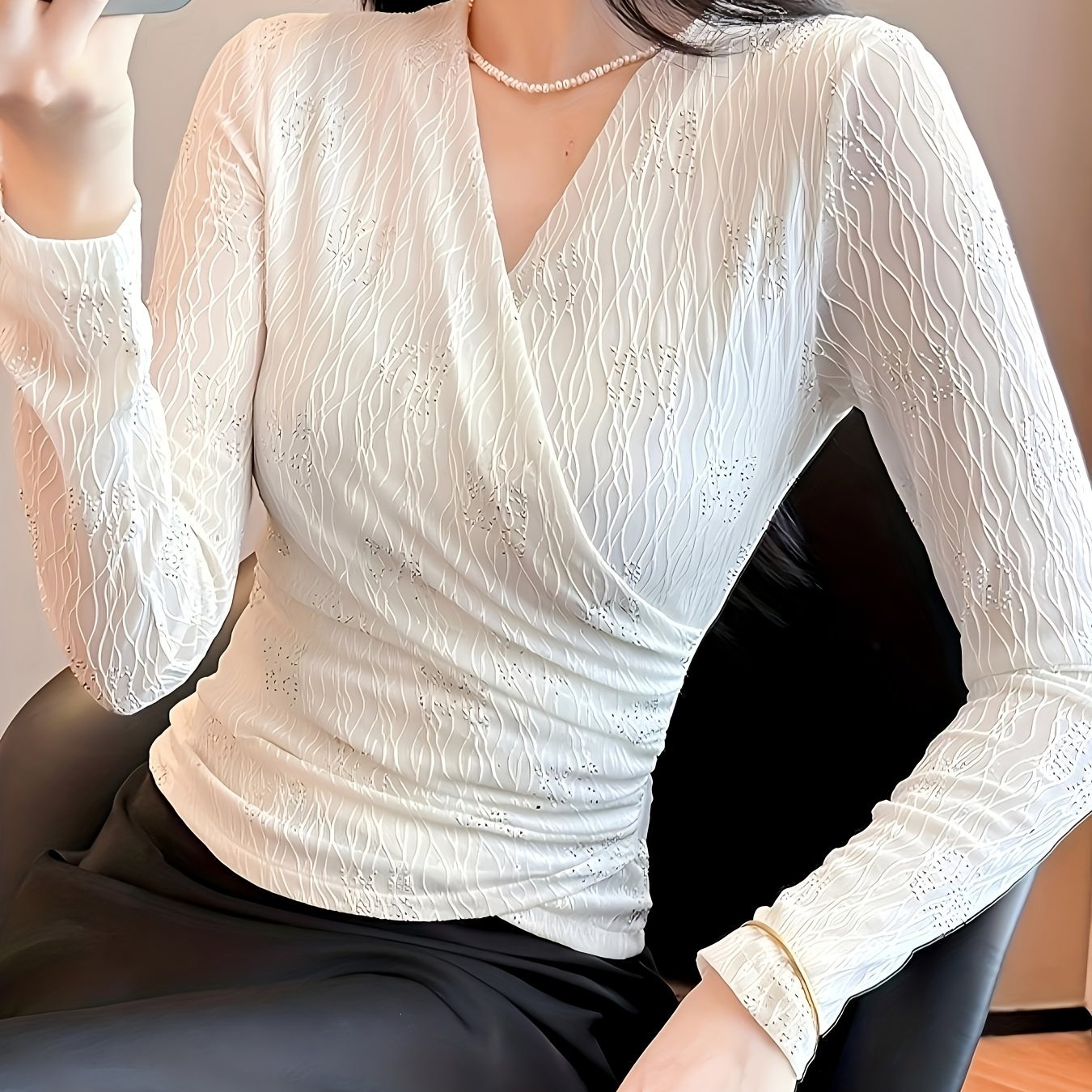 Women'S Elegant V-Neck Long Sleeve T-Shirt - Slim Fit Cross-Over Top with Rhinestone Embellishments