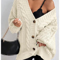 Women's Elegant Winter Cardigan Jacket - Oversized Collared Sweater Coat with Lantern Sleeves & Fringe Trim