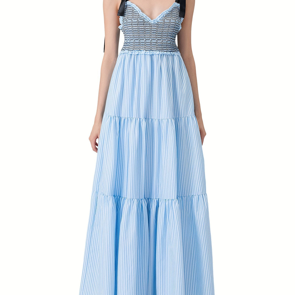 Women'S Sleeveless Ruffle Tiered Maxi Dress - Polyester and Spandex Blend with Striped Print