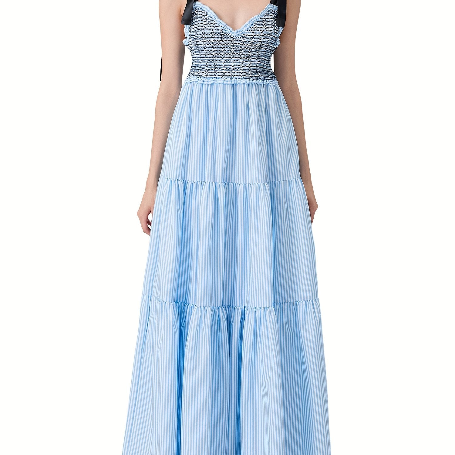 Women'S Sleeveless Ruffle Tiered Maxi Dress - Polyester and Spandex Blend with Striped Print