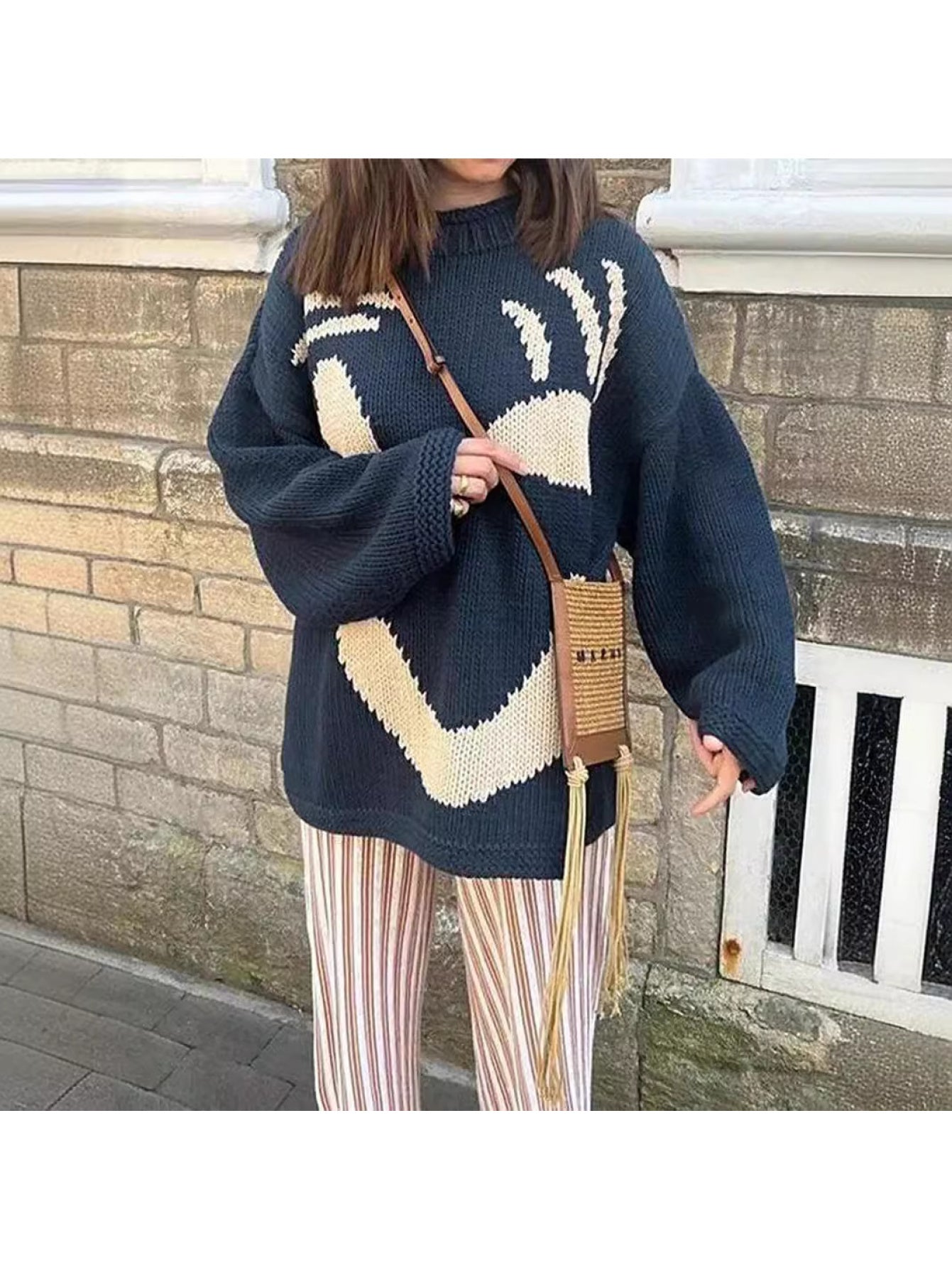 Women's 2025 New Style Smiling Face & joyful Contrast Color Block Sweater - Turquoise Blue & Mustard-Yellow joyful Design