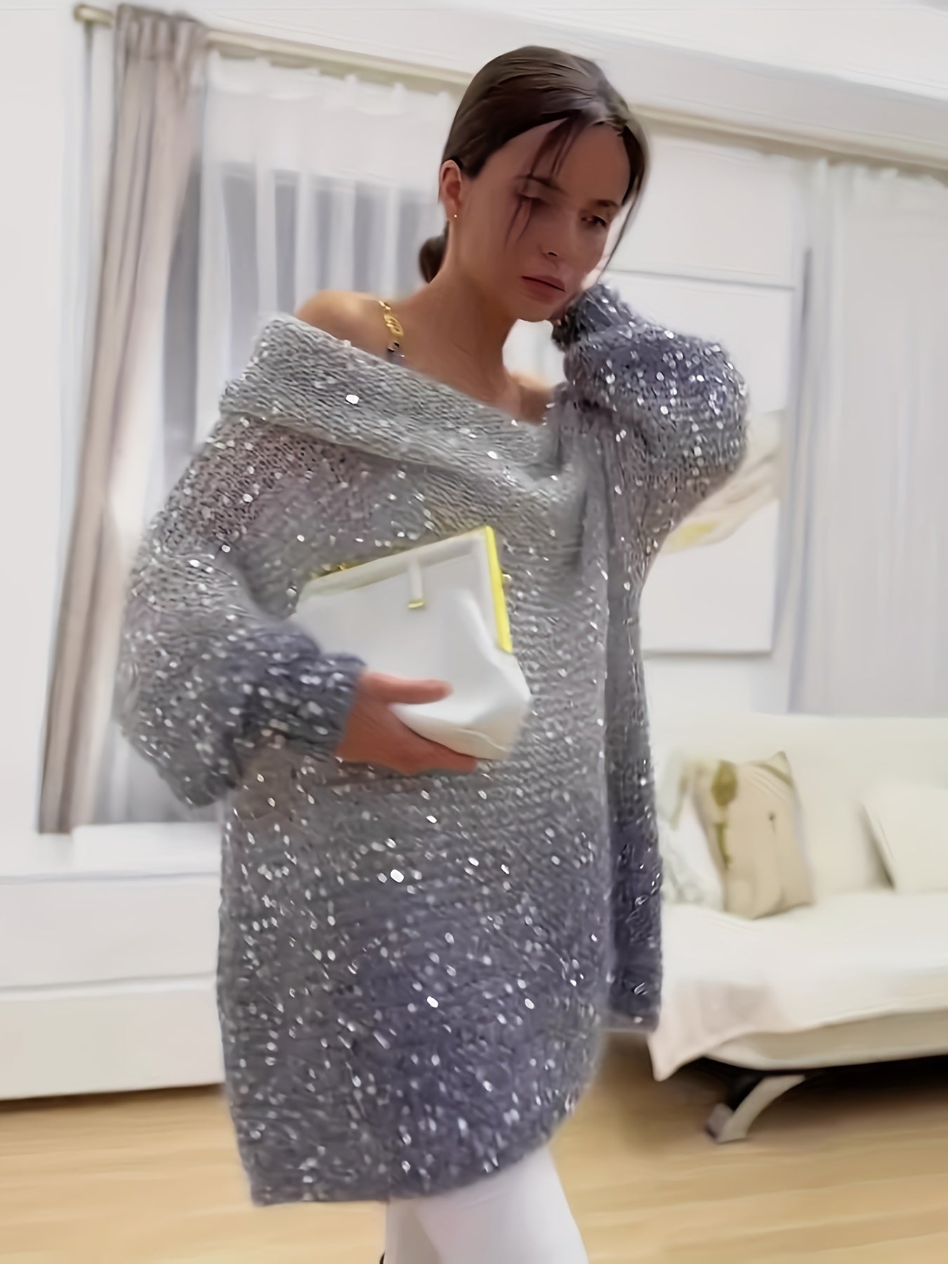 Women's Sparkling Off-the-Shoulder Sweater with Asymmetrical Sequin Sleeves - Winter Warm Loose-Fit H-Line Blazer-like Jacket