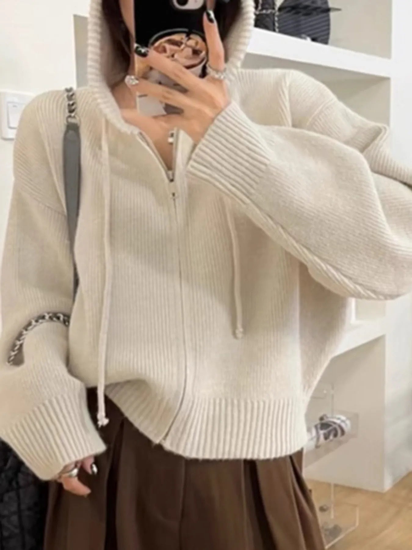 Women's Short Zippered Hooded Cardigan Sweater Coat - Belted Waist Slim-Fit Jacket