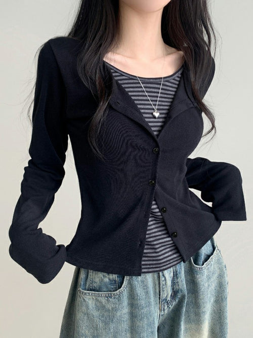 Color-Blocked Striped Patchwork Faux Two-Piece T-Shirt, Casual Single-Breasted Long-Sleeve Top