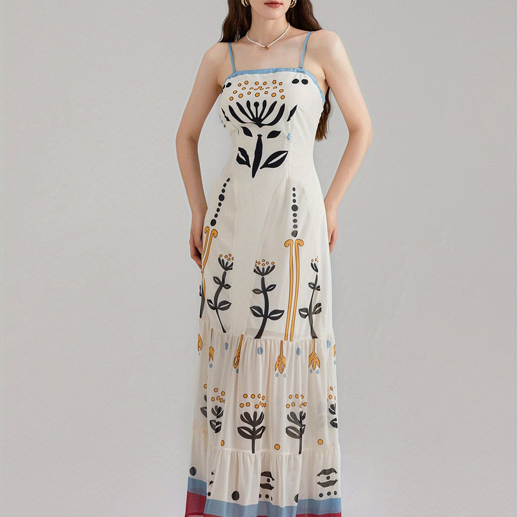 1pc Bohemian Floral Print Maxi Dress, Polyester Spaghetti Strap Fitted Elegant Gown for Women