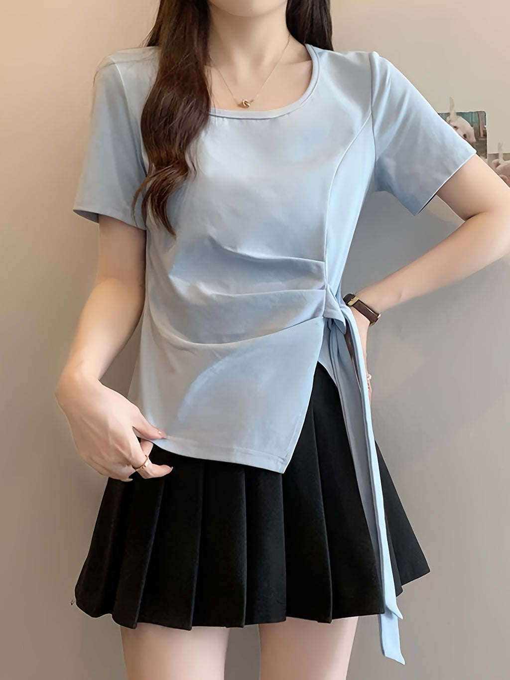 Women'S Light Blue Asymmetrical Short Sleeve Top with Tie-Waist Detail - Casual Summer Blouse