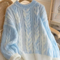 New Thickened Twisted Long Sleeve Sweater for Women in Lazy Style Blue Top