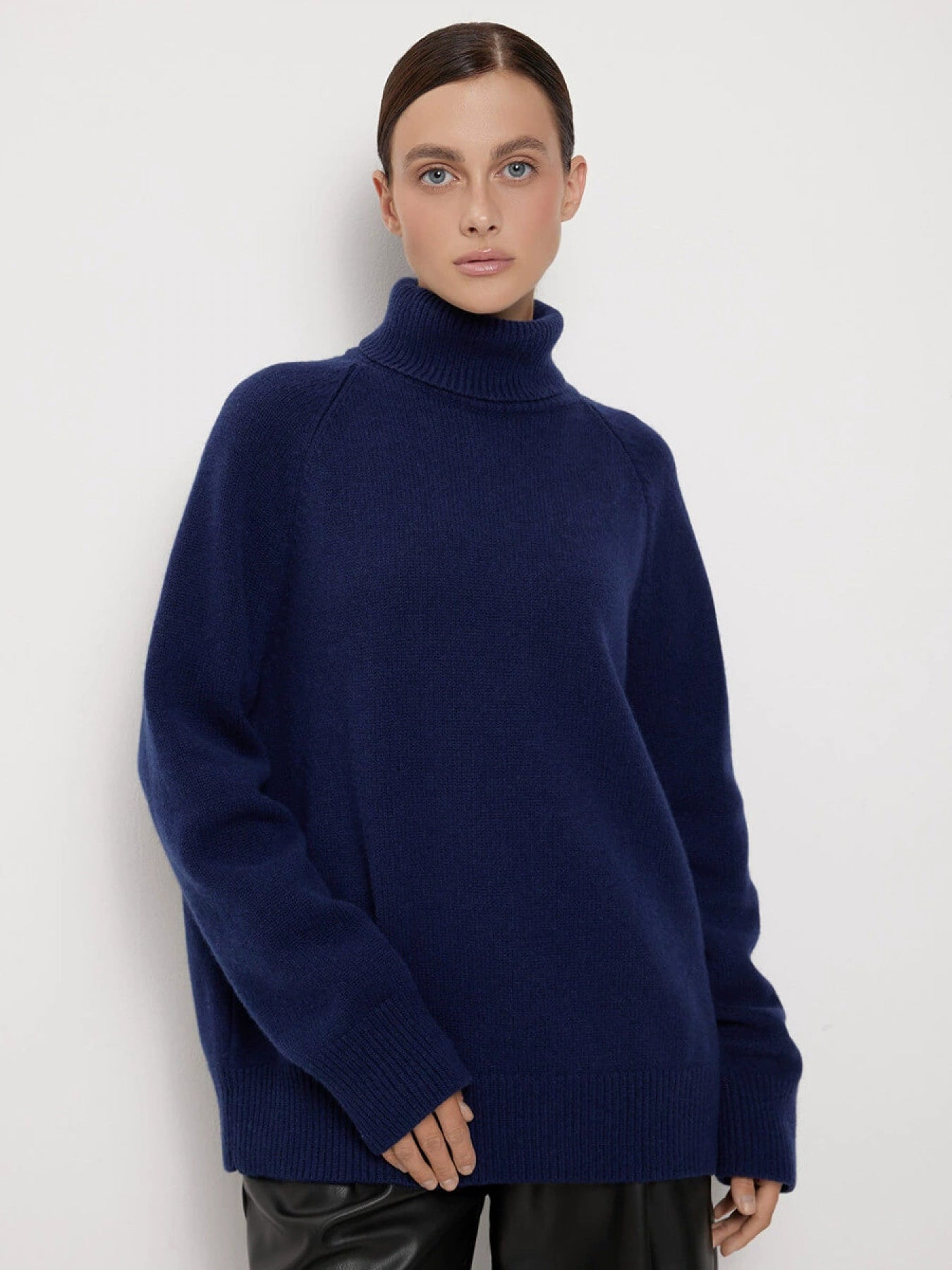 Women's Oversized Turtleneck Sweater - Y2K Plush Winter Warm Navy Blue