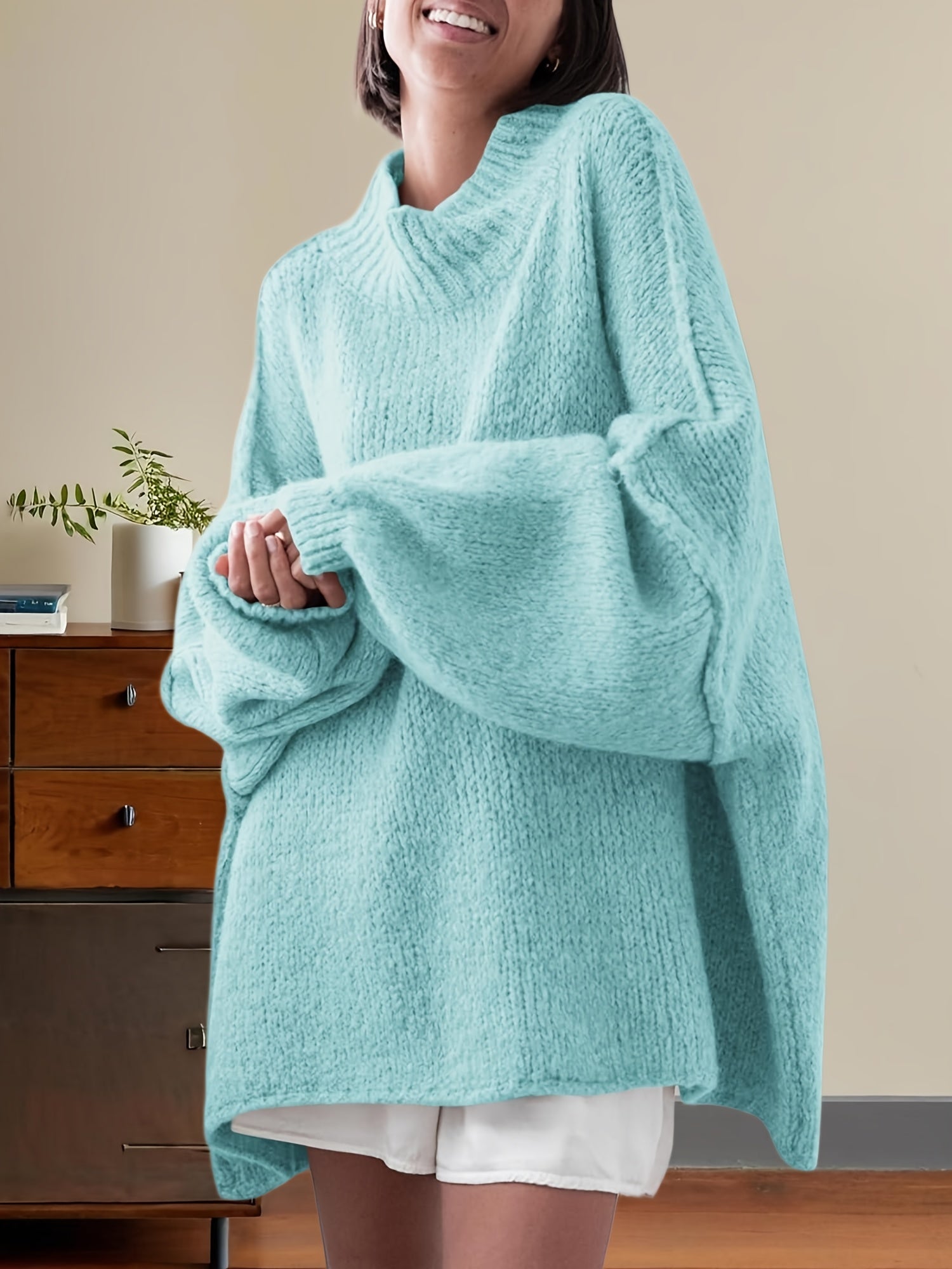 Women'S Oversized Batwing Sweater - Soft Stretchy Ribbed Tunic with Mock Neck & Asymmetrical Hem