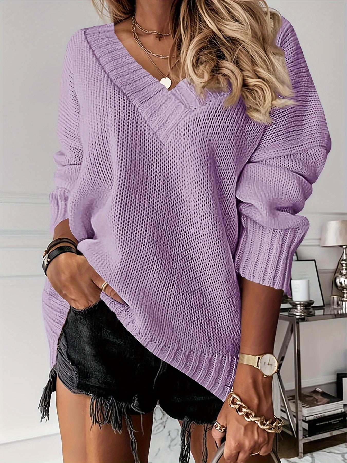 Womens Loose Sweaters Sexy V Neck Long Sleeve Solid Knitted Jumper Pullover Sweatshirt Tops