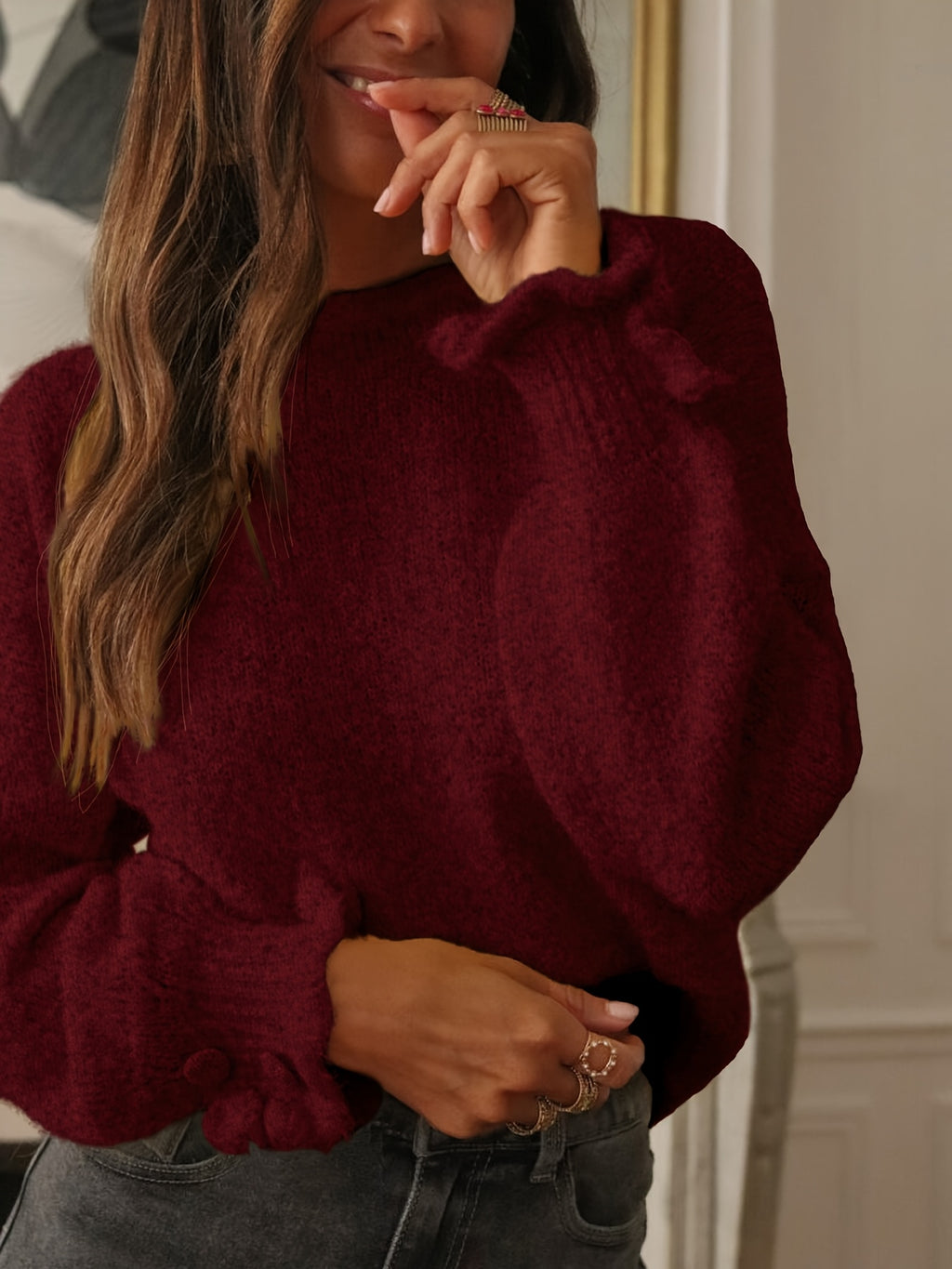 New Autumn\u002FWinter Elegant Sweater Pullover with Cute Ruffle Sleeves, Solid Color