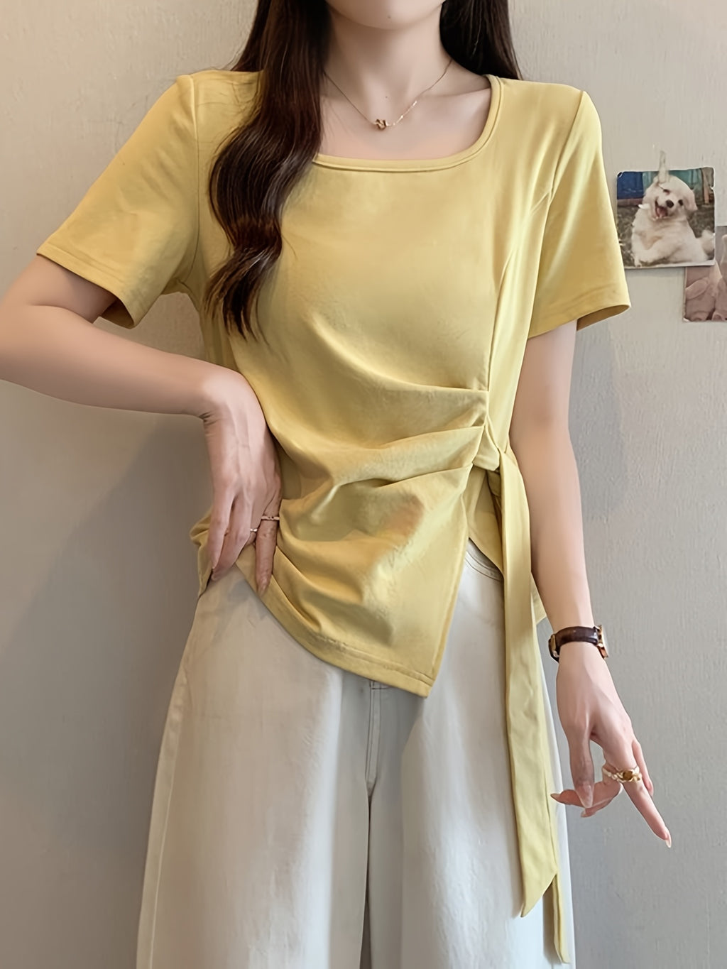 Women'S Light Blue Asymmetrical Short Sleeve Top with Tie-Waist Detail - Casual Summer Blouse