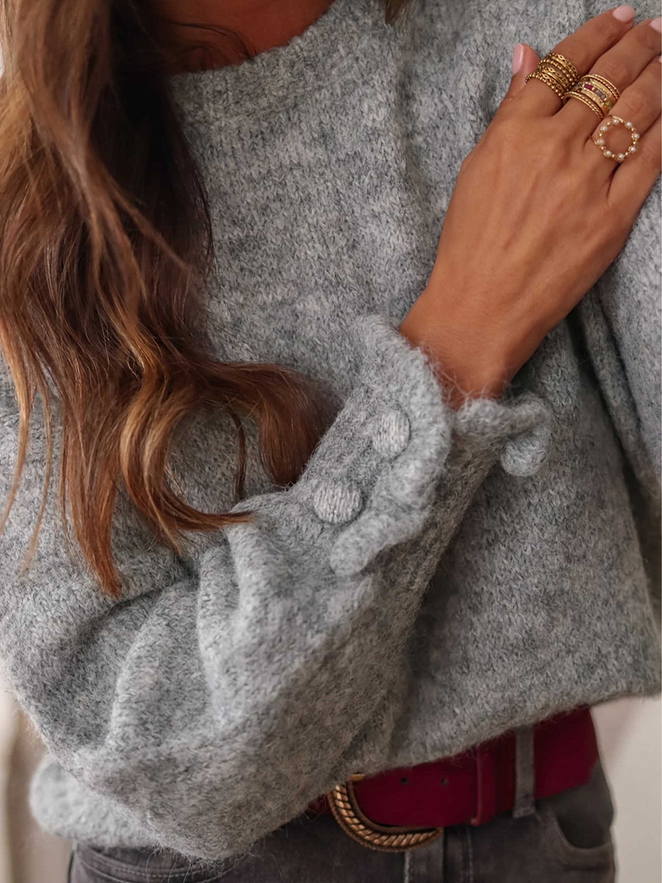 New Autumn\u002FWinter Elegant Sweater Pullover with Cute Ruffle Sleeves, Solid Color