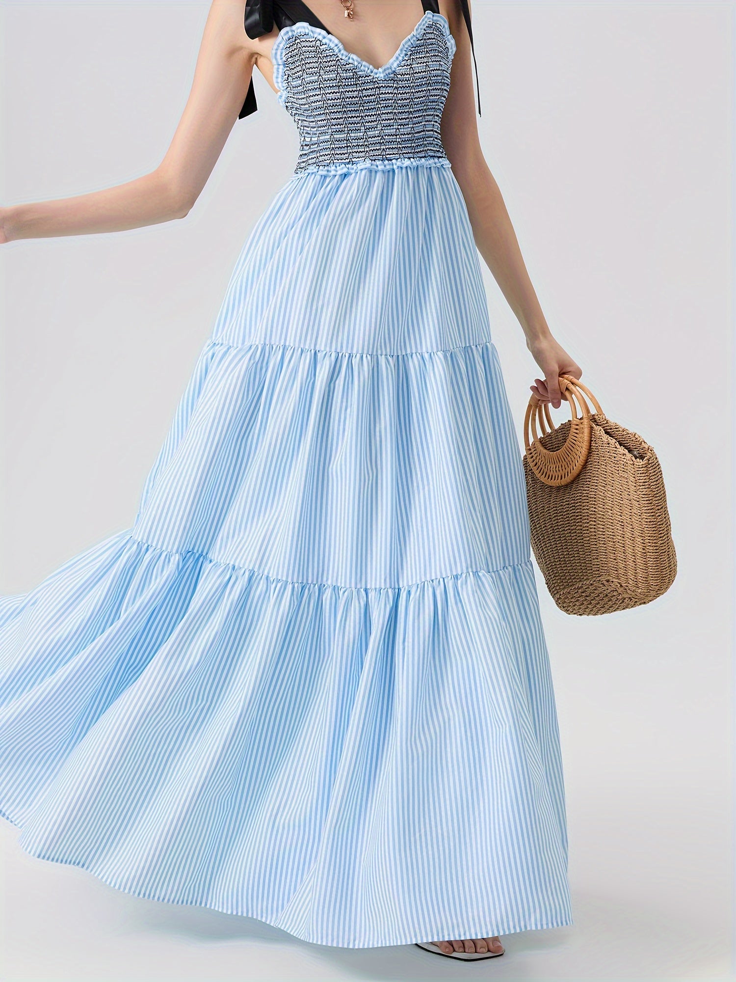 Women'S Sleeveless Ruffle Tiered Maxi Dress - Polyester and Spandex Blend with Striped Print