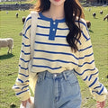 Women'S Casual Blue & White Striped Long Sleeve Top with Ruffled Hem - Lightweight Polyester