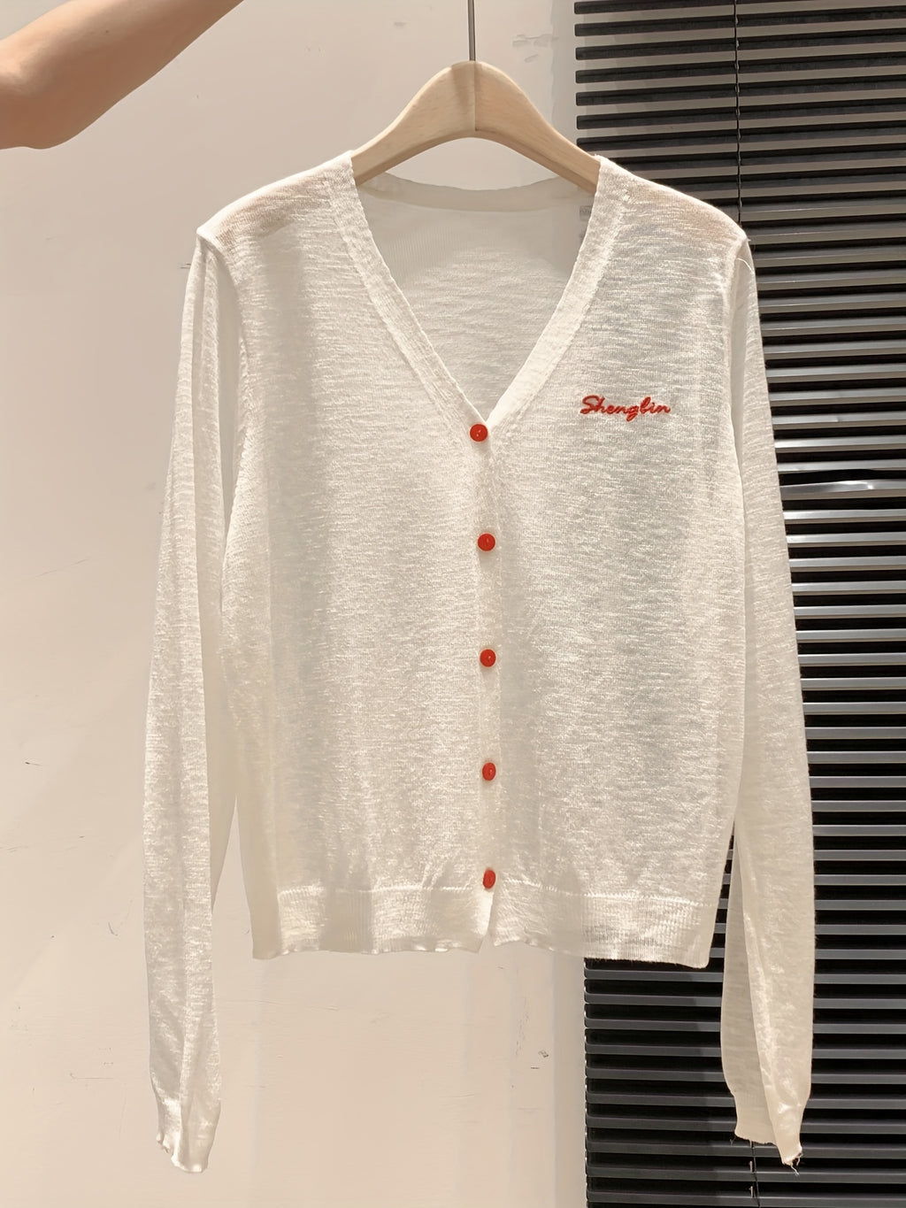 Letter Embroidered V-Neck Breathable Coverup Hair Needle Long Sleeve Women's Cardigan Summer Button Design Versatile Sheer Top