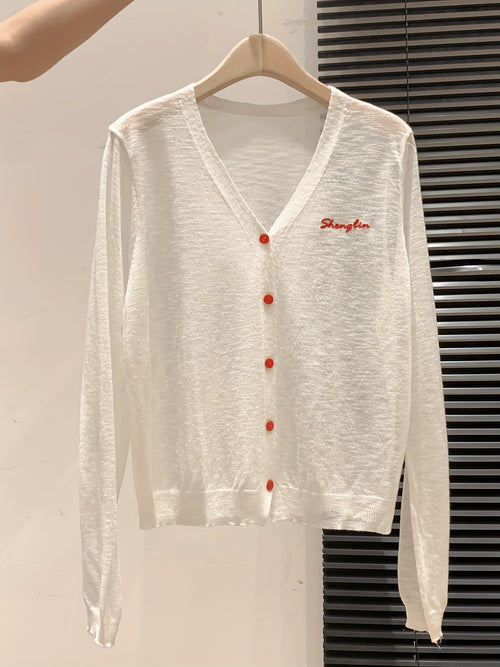 Letter Embroidered V-Neck Breathable Coverup Hair Needle Long Sleeve Women's Cardigan Summer Button Design Versatile Sheer Top