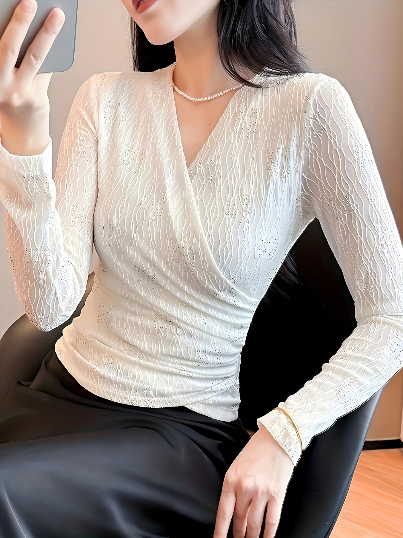 Women'S Elegant V-Neck Long Sleeve T-Shirt - Slim Fit Cross-Over Top with Rhinestone Embellishments