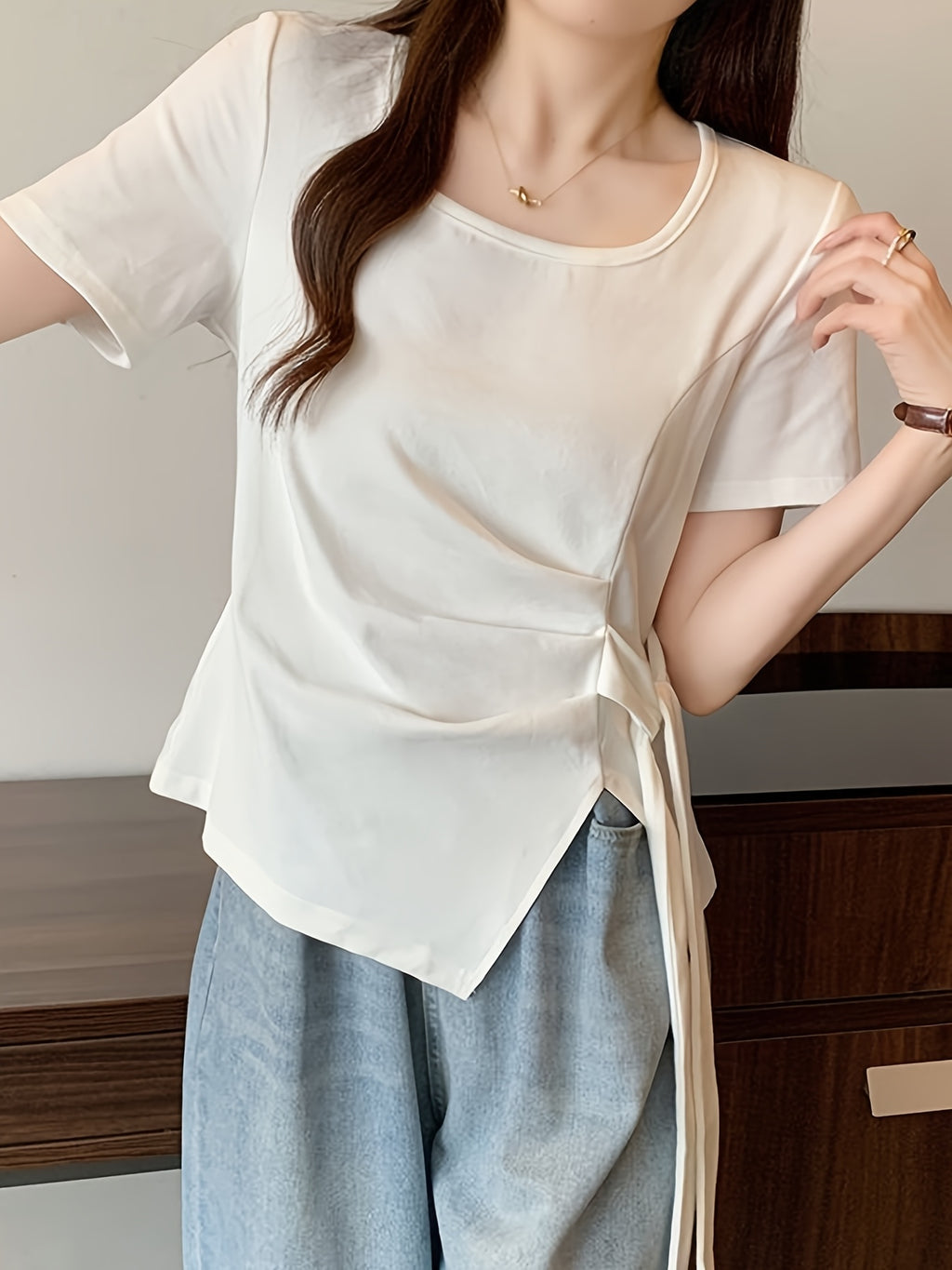 Women'S Light Blue Asymmetrical Short Sleeve Top with Tie-Waist Detail - Casual Summer Blouse