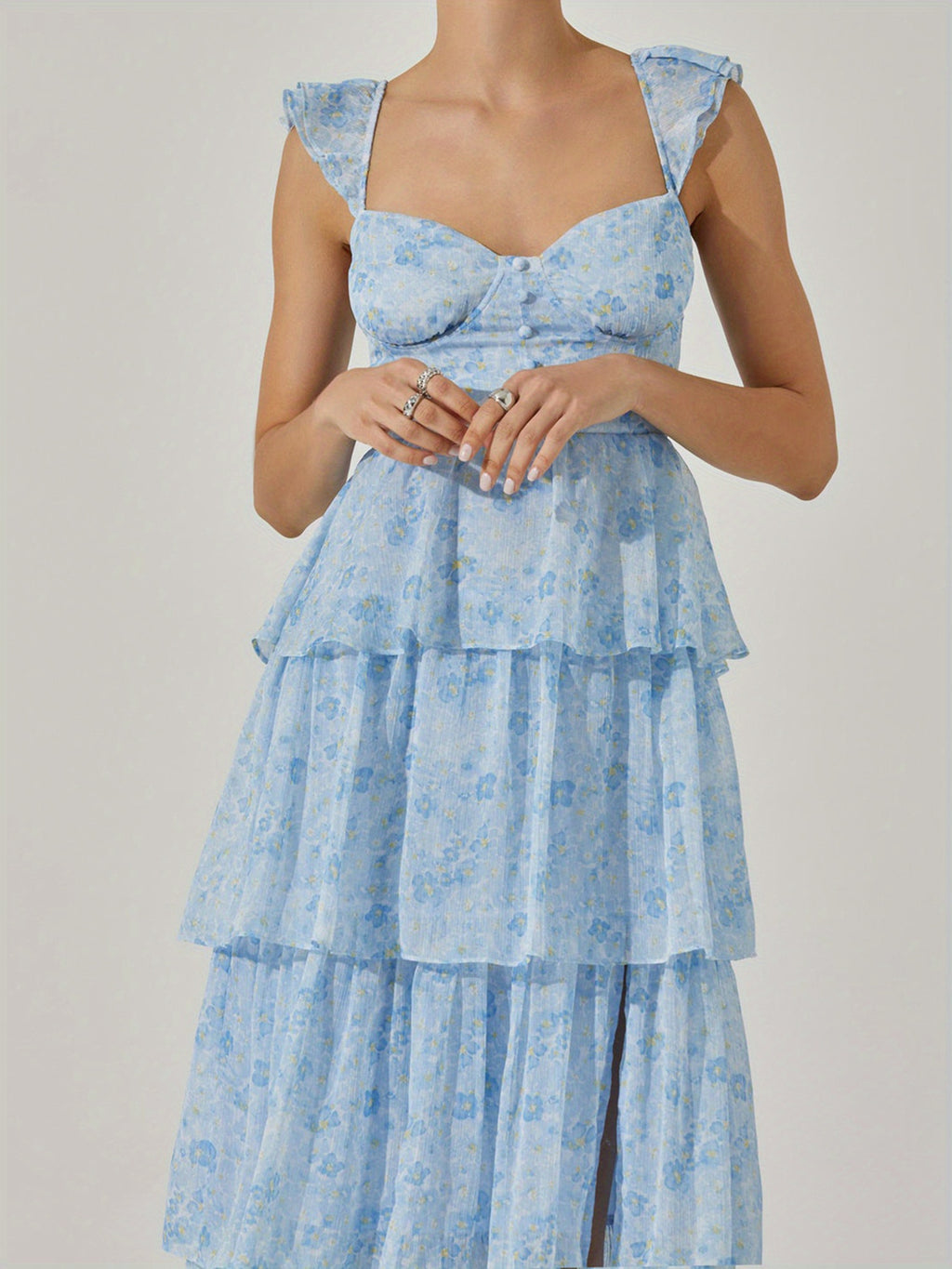 Women'S Floral Dress Stylish Multi-Layered Ruffles Split Cap Sleeve Long A-Line Dress for Spring Summer