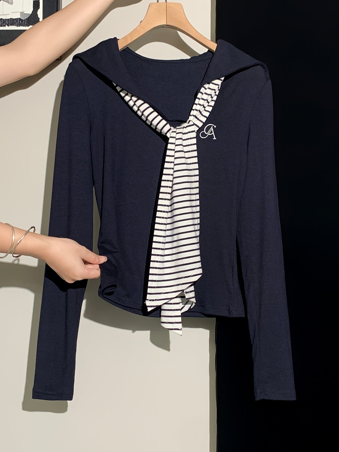 Women's Elegant Navy Blue & White Striped Long Sleeve Tunic Top - Slim-Fit Collar Blouse with Tie Closure