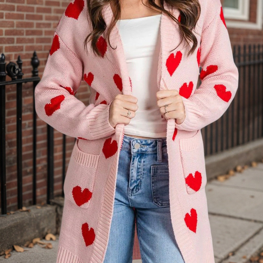 Women'S Soft Pink Cardigan Sweater - Buttonless Open Front Design with Heart Pattern