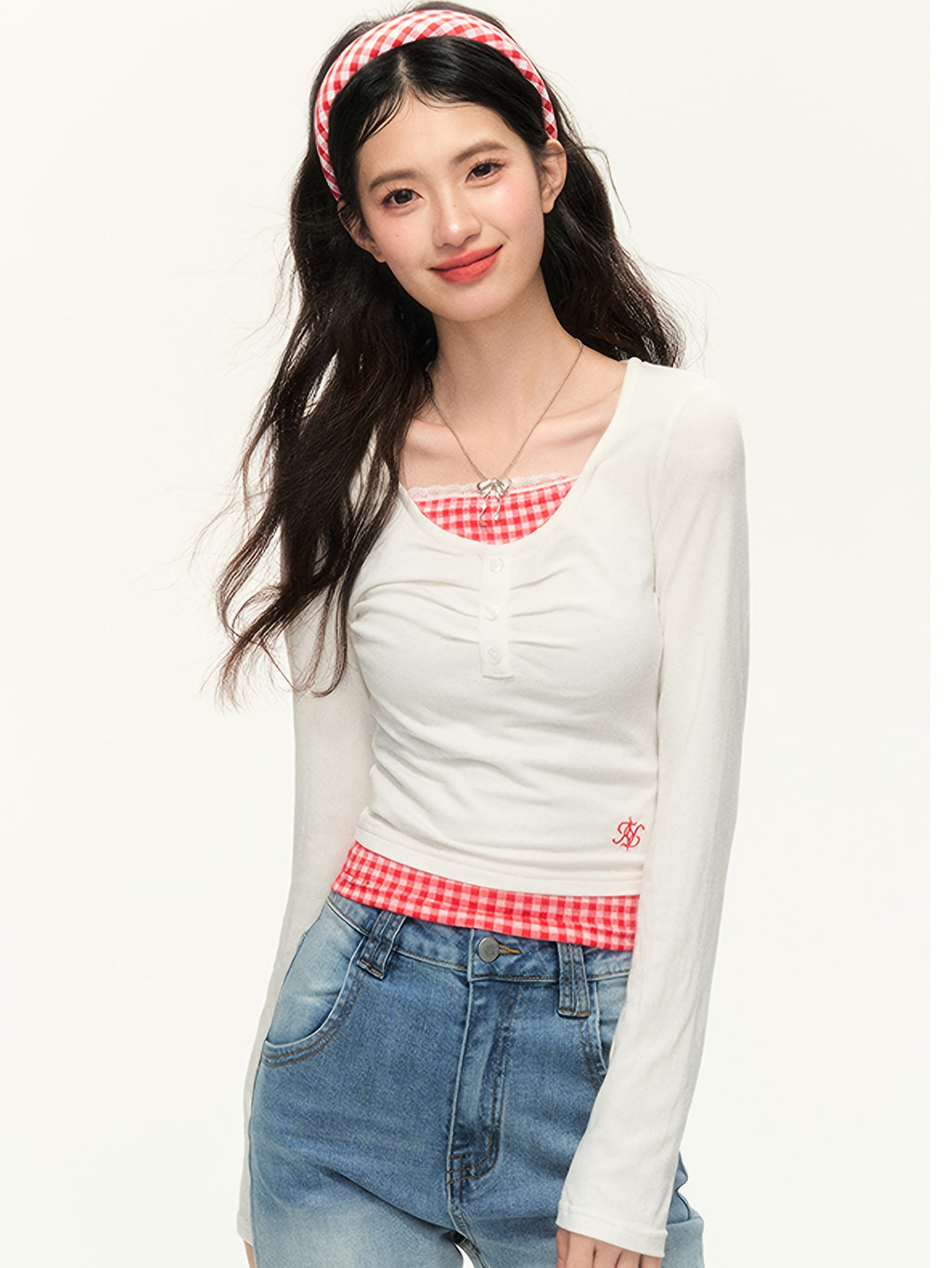 Women'S Slim-Fit V-Neck Long Sleeve T-Shirt - Red & White Checkered Color-Block Design, Cropped Length