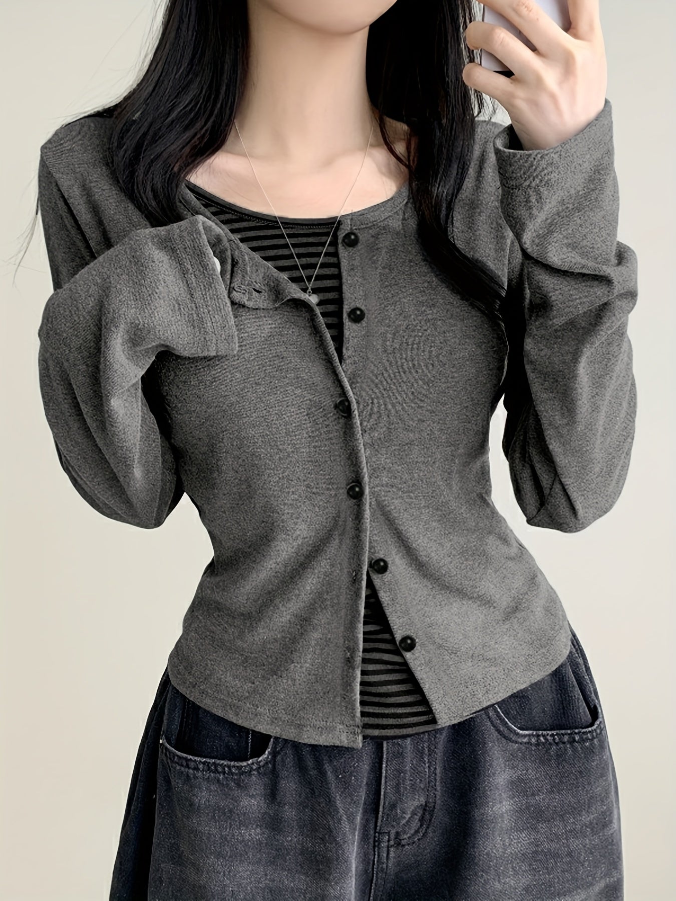 Color-Blocked Striped Patchwork Faux Two-Piece T-Shirt, Casual Single-Breasted Long-Sleeve Top