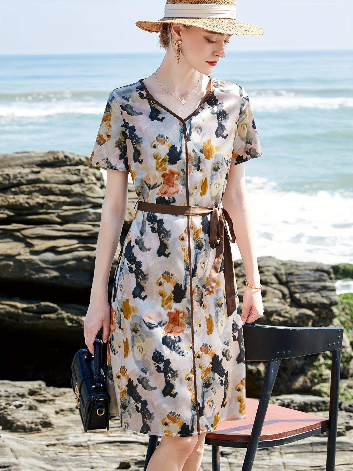 2025 New Summer Dress for Women - Heavyweight Mulberry Silky Long Sleeve V-Neck with Belted Waist & Floral Print