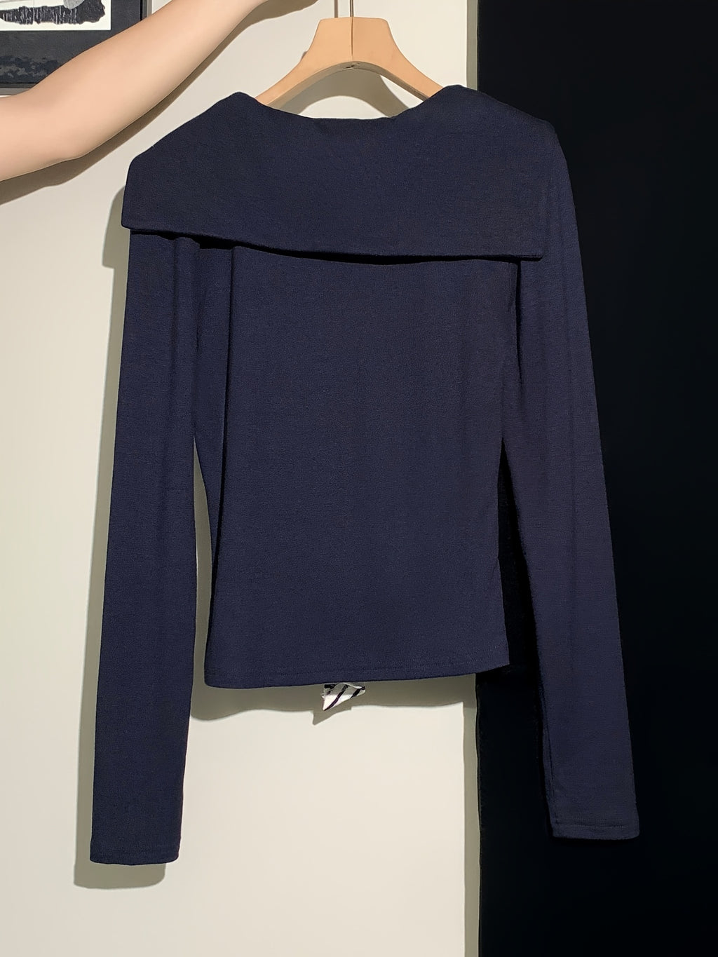 Women's Elegant Navy Blue & White Striped Long Sleeve Tunic Top - Slim-Fit Collar Blouse with Tie Closure