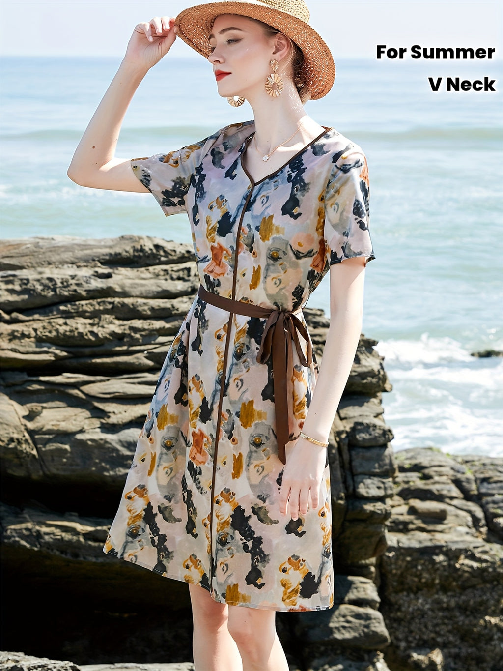 2025 New Summer Dress for Women - Heavyweight Mulberry Silky Long Sleeve V-Neck with Belted Waist & Floral Print