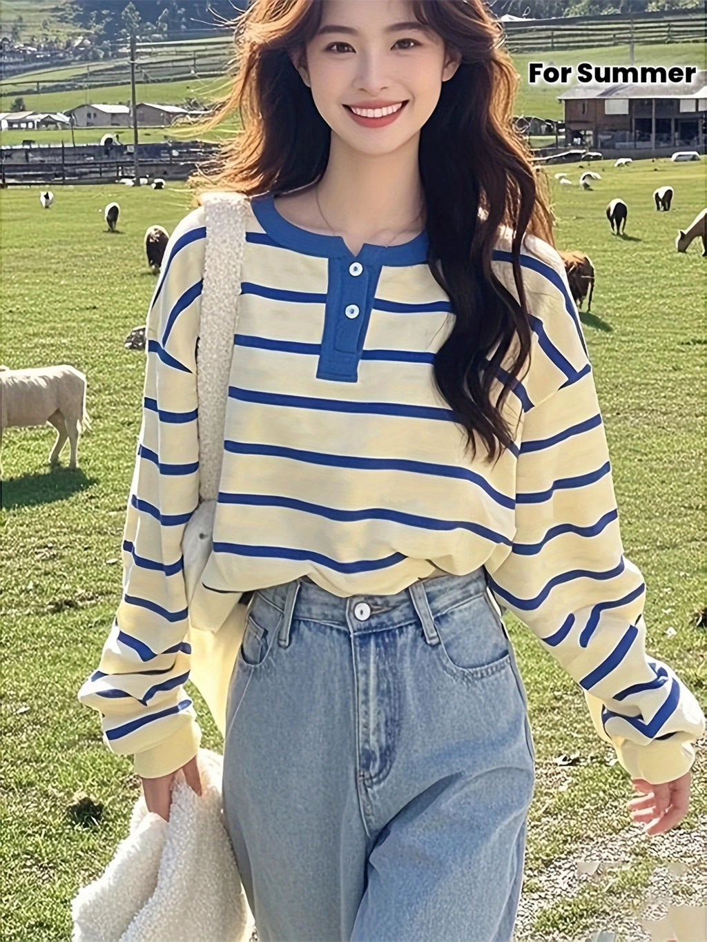 Women'S Casual Blue & White Striped Long Sleeve Top with Ruffled Hem - Lightweight Polyester