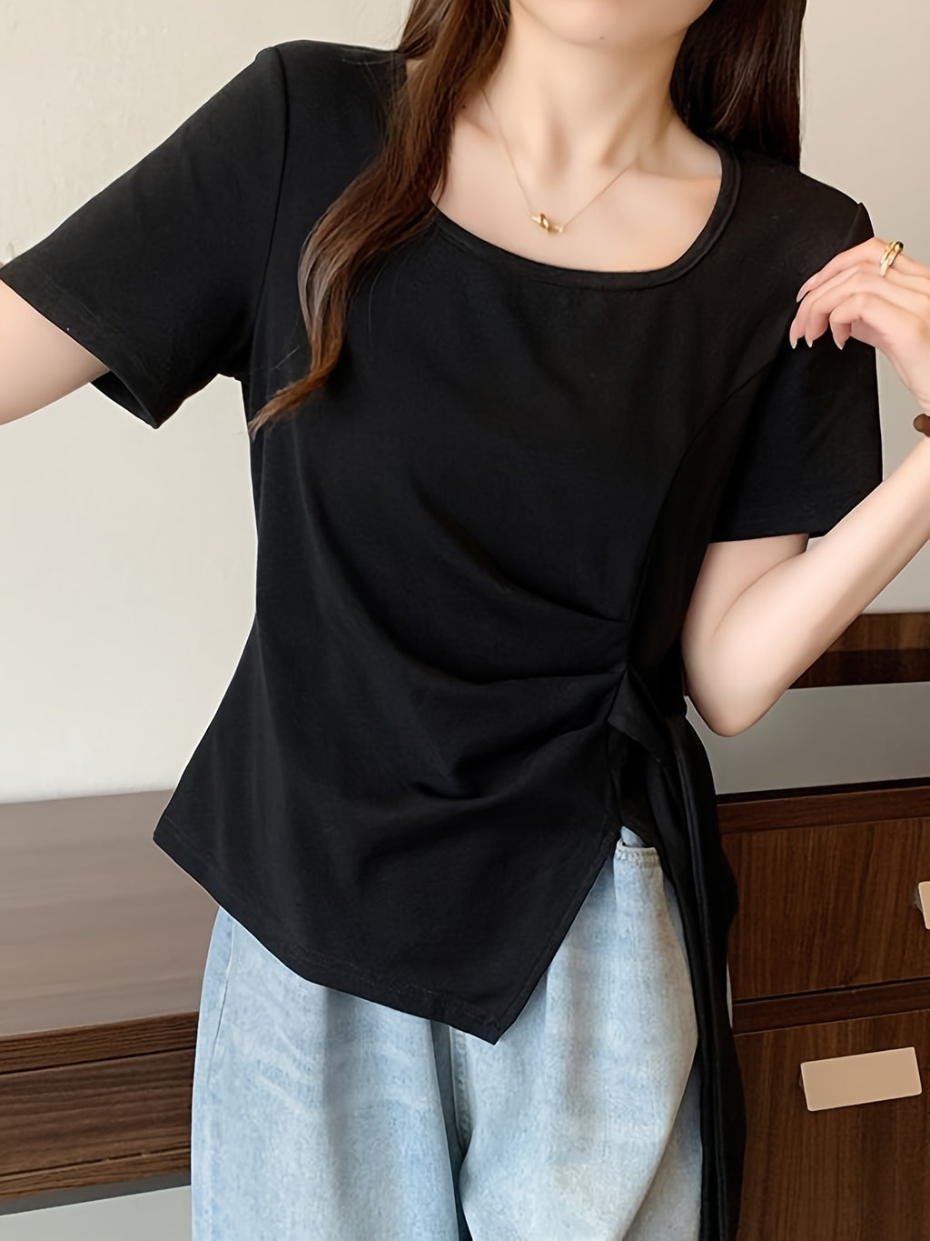 Women'S Light Blue Asymmetrical Short Sleeve Top with Tie-Waist Detail - Casual Summer Blouse