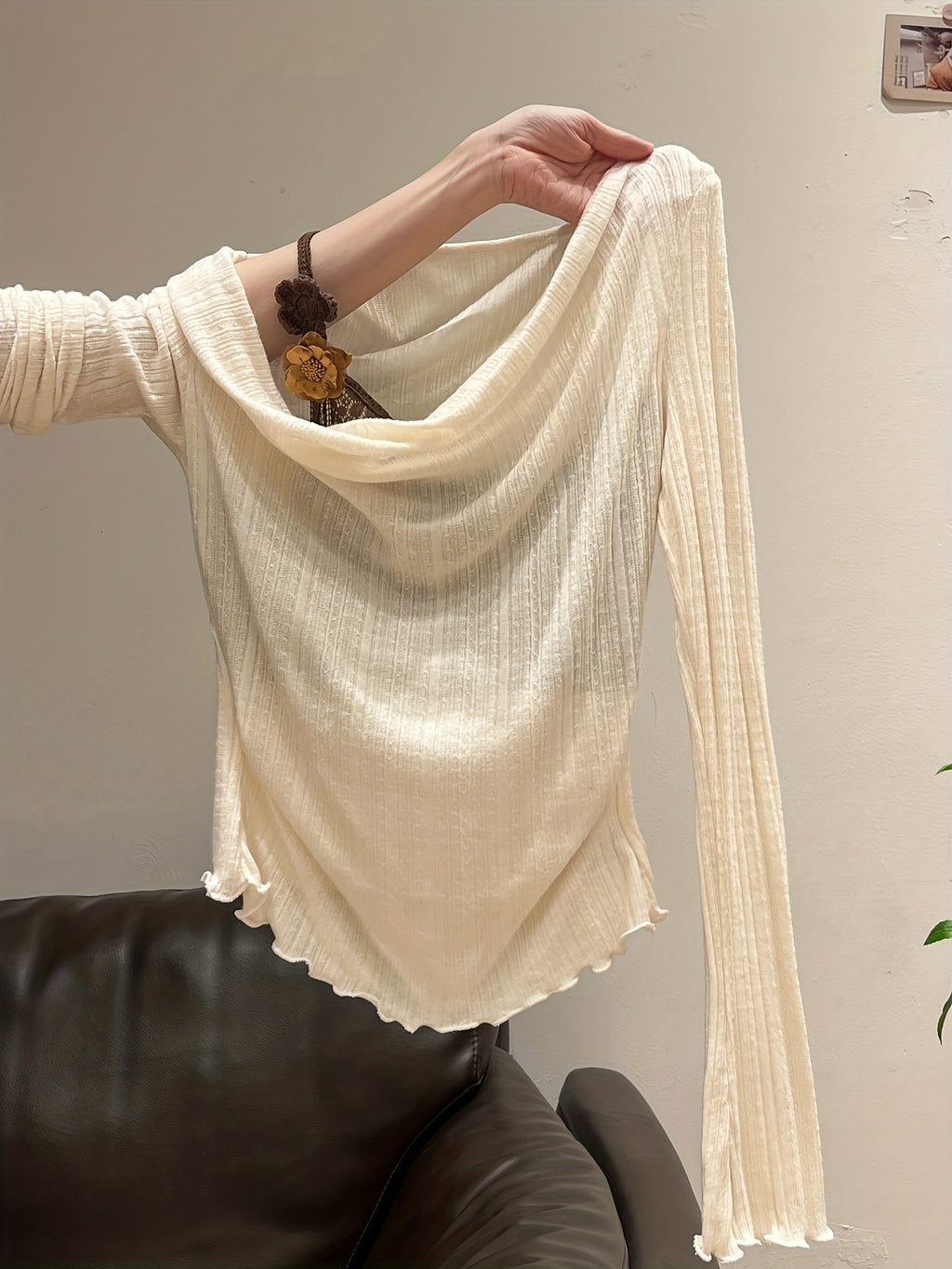 Women's Elegant Layered Short Blouse - Ruffled Collar & Hem Short-Sleeve-like Long Sleeve Tunic Top